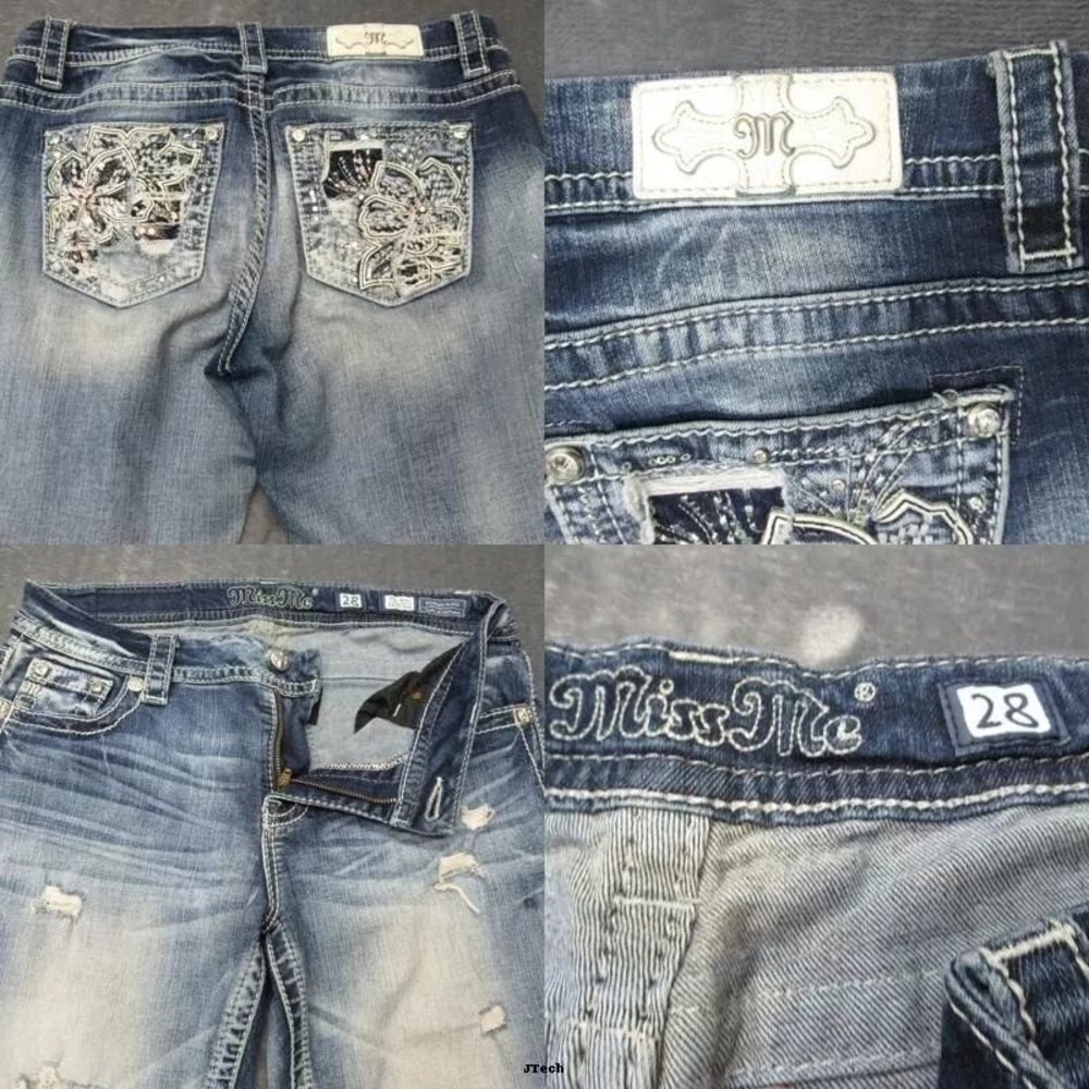 MIss Me Jeans Womens 28 Mid Rise Easy Crop Embellished Floral Fade Whisker 31x22